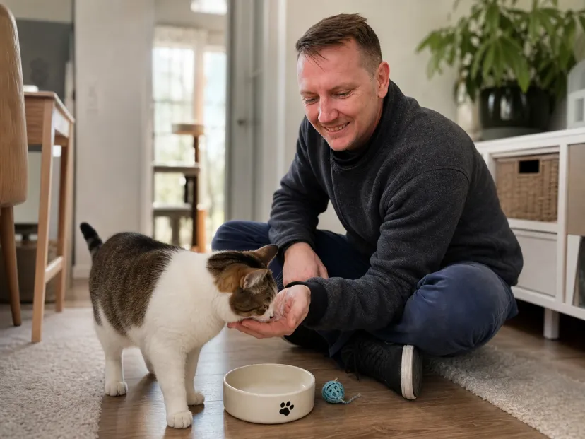 Justin gently greeting a cat during an in-home drop-in visit.