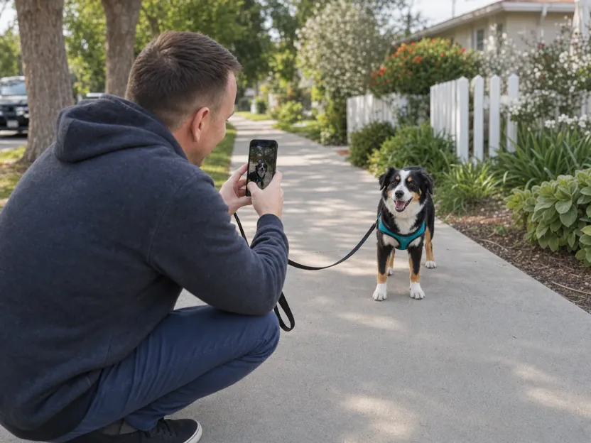 Justin taking a photo update of a happy dog during a neighborhood walk.