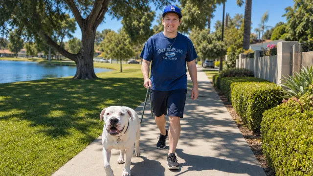 Justin walking a white dog on a sunny neighborhood sidewalk.