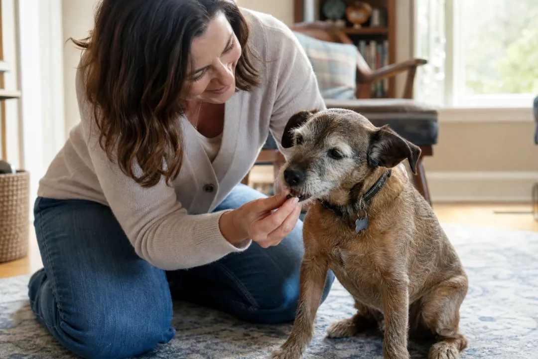 A patient pet caregiver kneeling indoors beside a calm senior terrier and offering medication in a treat.