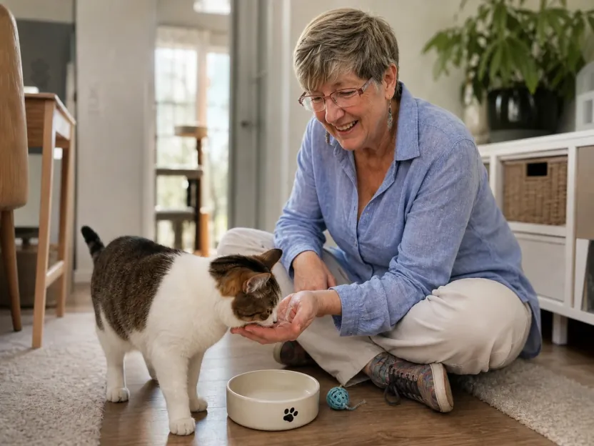 Teresa hand-feeding a cat beside its bowl during an in-home drop-in visit.