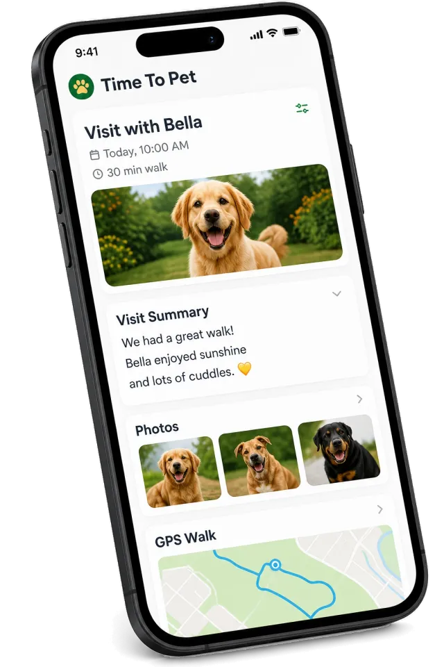 A Time To Pet app update screen showing a visit summary, photos, and GPS walk notes.